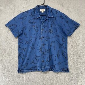 Filson Rustic Camp Shirt Mens Large Fish Print Chambray Short Sleeve Button Up